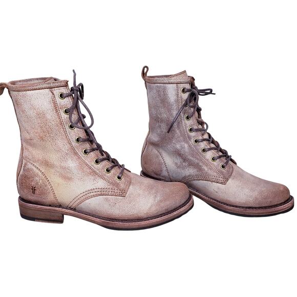 FRYE Veronica Combat Boots Distressed Tan/Beige Women's Size 9 B in VGUC - Picture 4 of 15